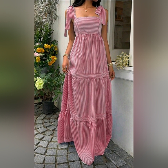 New Boho Striped Tie Shoulder Tiered Maxi Dress Red White - Picture 2 of 8